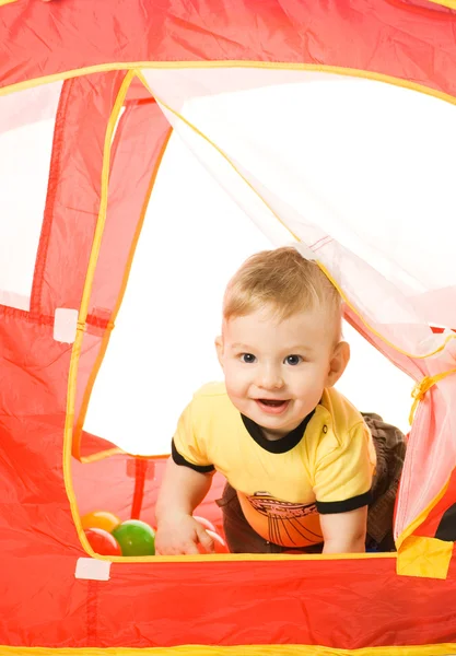 Очаровательный Ребенок Прячется Детской Палатке — стоковое фото