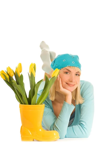 Beautiful Teenage Girl Yellow Tulips Isolated White Background — Stock Photo, Image