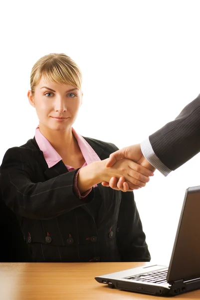 Business man and business woman making a treaty — Stock Photo, Image