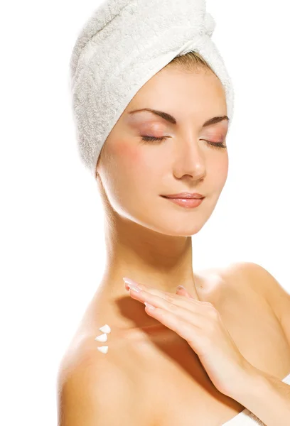 Young Lovely Lady Applying Moisturizer Her Skin Shower — Stockfoto
