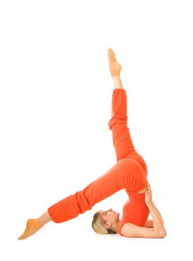 Beautiful young woman doing supported shoulderstand isolated on white background clipart