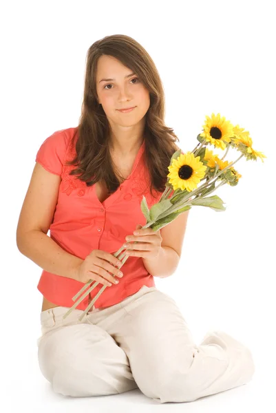 Krásná Dospívající Dívka Drží Banda Slunečnice Izolovaných Bílém Pozadí — Stock fotografie