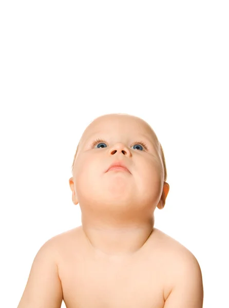 Gyönyörű Kisgyermek Keresi Fel Elszigetelt Fehér Háttér — Stock Fotó