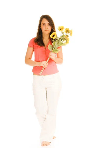 Beautiful Teenage Girl Holding Bunch Sunflowers Isolated White Background — Stock Photo, Image