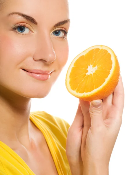 Krásná Dívka Šťavnatý Pomeranč — Stock fotografie