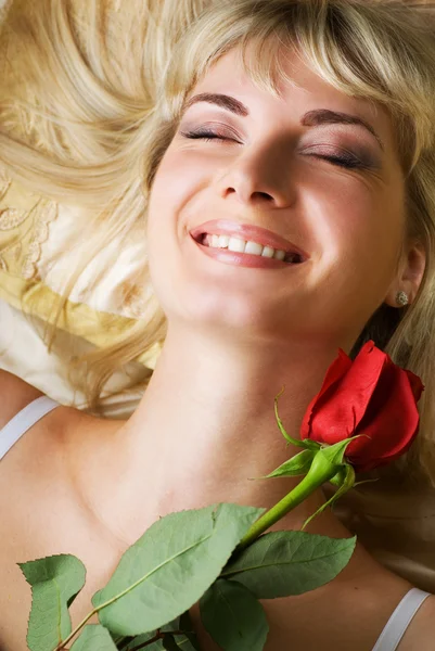 Young Beautiful Woman Red Rose — Stock Photo, Image