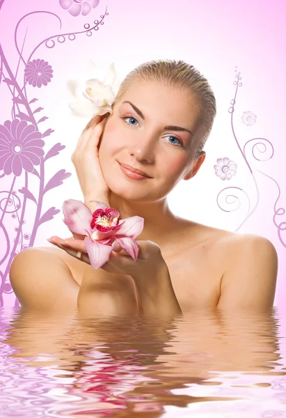 Beautiful girl with orhid flowers in rendered water — Stock Photo, Image