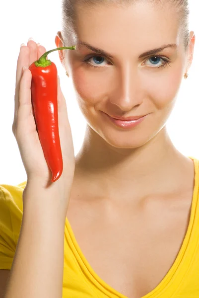 stock image Beautiful girl with chili pepper