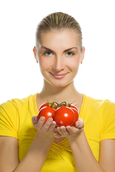 Mulher Bonita Com Tomates Maduros — Fotografia de Stock