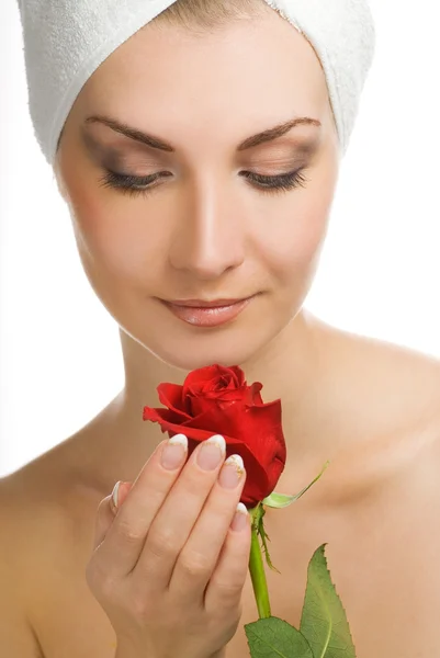 Красива Молода Жінка Червоною Трояндою — стокове фото