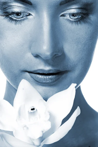 Nahaufnahme Porträt Eines Bezaubernden Mädchens Mit Weißer Orchidee Blau Getönt — Stockfoto