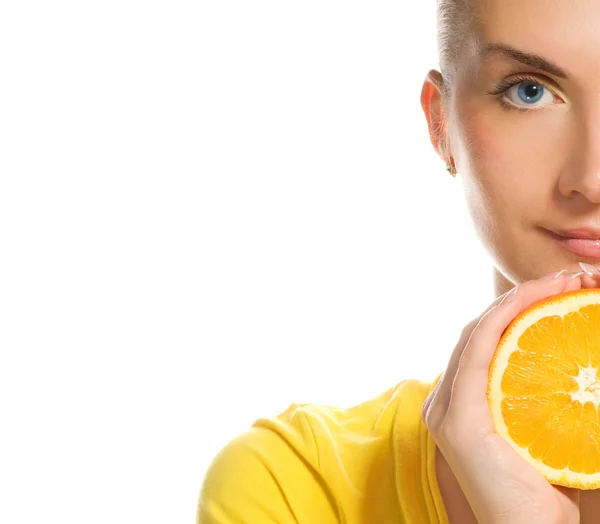 Beautiful girl with juicy orange — Stock Photo, Image