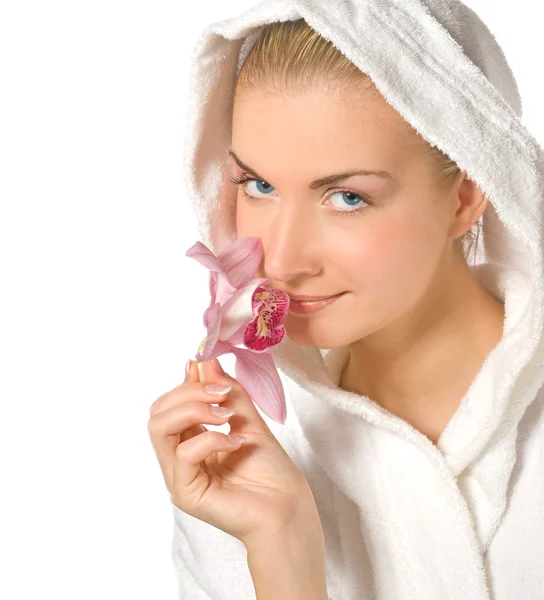 Blond Meisje Bedrijf Roze Orchidee Haar Handen — Stockfoto