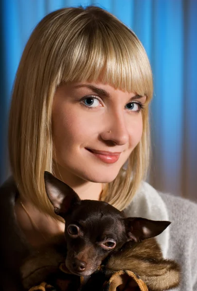 Elegant girl with funny little dog in luxury dog's clothing — Stock Photo, Image