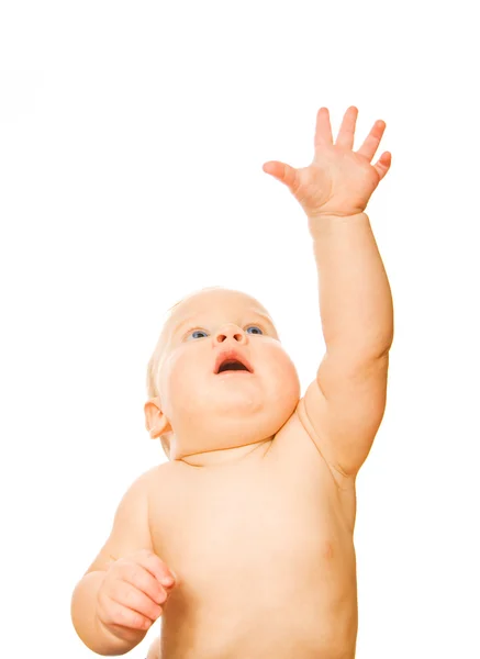 Красивий малюк з простягнутою рукою ізольовано на білому фоні — стокове фото