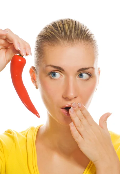 Counfused dívka s chilli papričkou — Stock fotografie