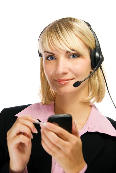 Schöne Hotline Betreiber Mit Handy Den Händen Isoliert Auf Weißem — Stockfoto