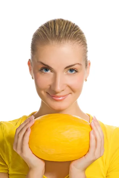 Beautiful girl with ripe melon — Stock Photo, Image