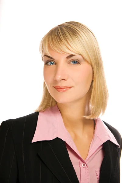 Krásná blonďatá moderátorka s modrýma očima, izolované na bílém b — Stock fotografie