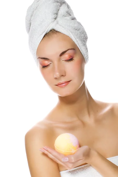 Gyönyörű Fiatal Aroma Bath Ball Elszigetelt Fehér Background — Stock Fotó
