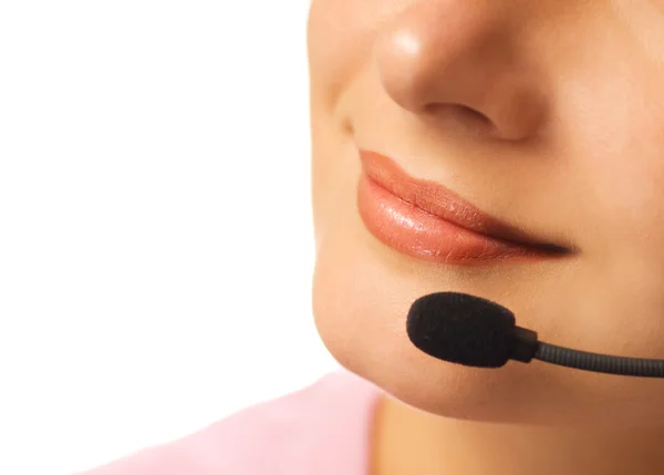 Beautiful hotline operator with headset isolated on white backgr — Stock Photo, Image