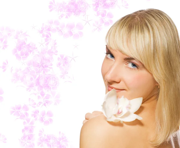 Beautiful Blond Girl Orchid Flower — Stock Photo, Image