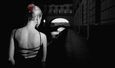 Black and white picture of a girl in old city clipart