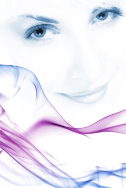 Beutiful girl's face toned in blue with abstract colorful smoke around clipart