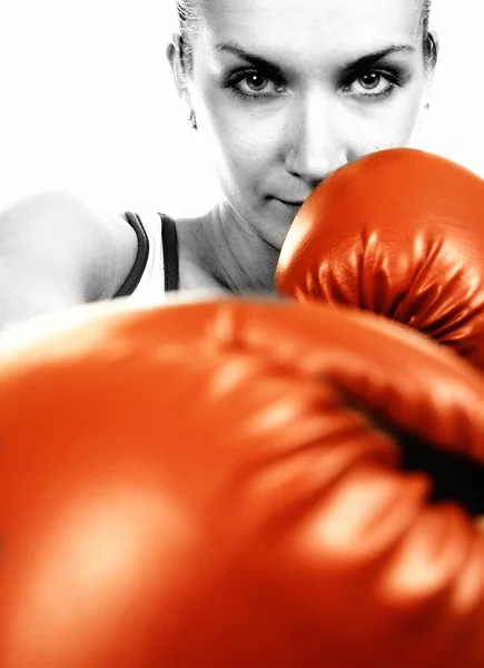 Sepia Portrait Girl Red Boxing Gloves — Stock Photo, Image
