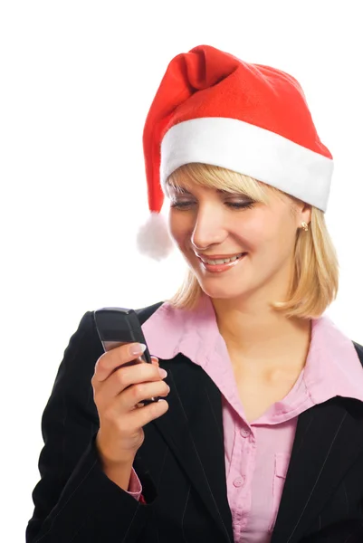 Mulher Negócios Bonita Chapéu Natal Digitando Mensagem Seu Telefone Móvel — Fotografia de Stock