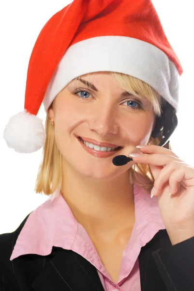Hermoso operador de teléfono en Santa sombrero — Foto de Stock