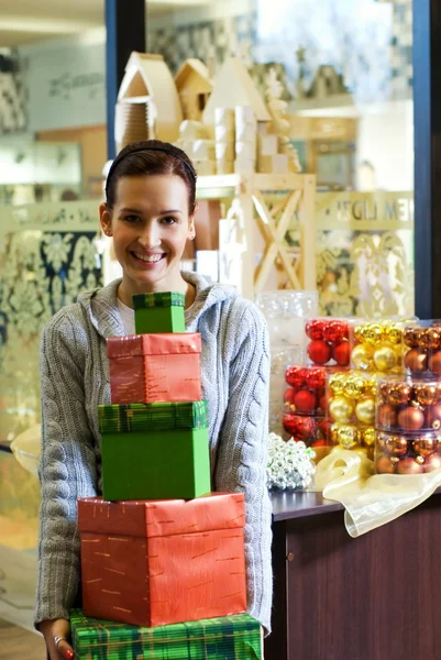 Teenager Girl Gift Boxes Shop — Stock Photo, Image