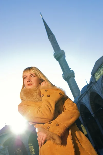 stock image Beautiful blond girl in lambskin coat (Turkey, Istanbul)