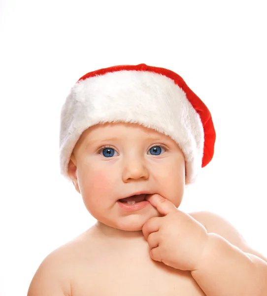Criança Adorável Chapéu Natal Isolado Fundo Branco — Fotografia de Stock