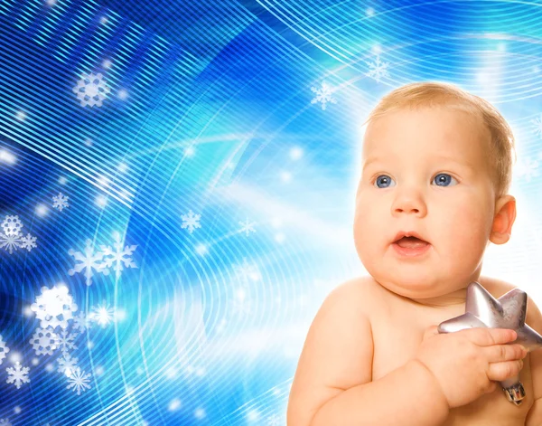 Bebê Adorável Com Uma Estrela Prata Fundo Inverno Abstrato — Fotografia de Stock