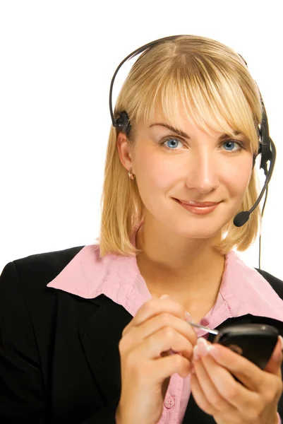 Mooie Hotline Exploitant Met Cellphone Haar Handen Geïsoleerd Witte Achtergrond — Stockfoto