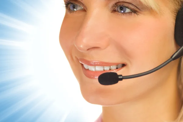 Bellissimo Operatore Hotline Con Auricolare Sfondo Astratto — Foto Stock