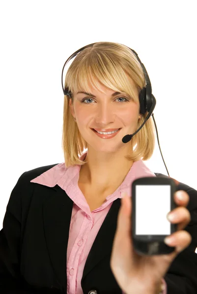 Piękne infolinii operatora telefon w jej rękę na białym tle o — Zdjęcie stockowe
