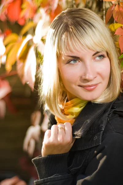 Sonbahar arka plan üzerinde seksi sarışın kız — Stok fotoğraf