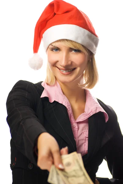 Деловая Женщина Рождественской Шляпе Держит Руках Американские Доллары — стоковое фото