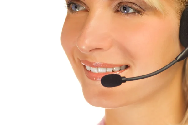 Beautiful Hotline Operator Headset Isolated White Background — Stock Photo, Image