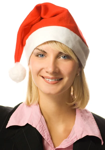 クリスマス帽子の若い美しいビジネス女性 — ストック写真