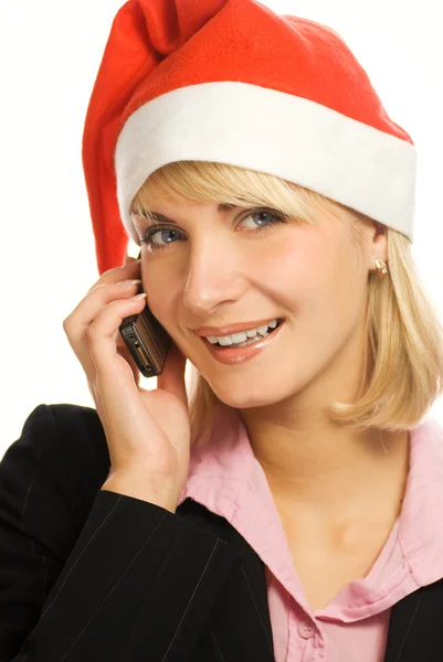 Business Woman Chrismtas Hat Talks Phone Isolated White Background — Stock Photo, Image