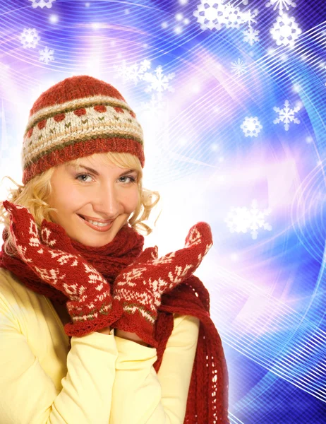 Schönes Mädchen Winterkleidung Auf Abstraktem Hintergrund — Stockfoto