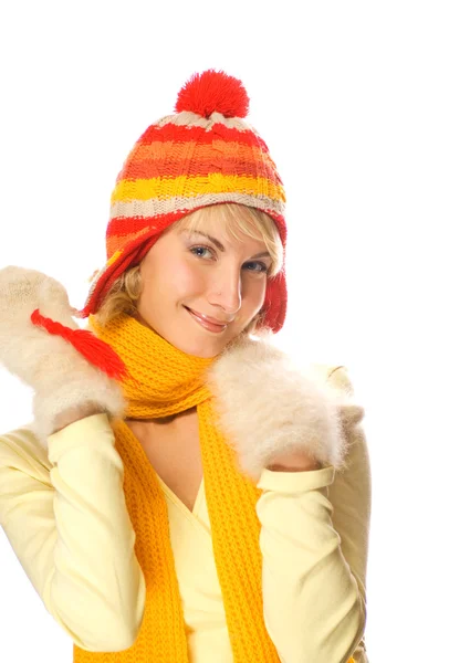 Menina bonita em roupas de inverno isolado no fundo branco — Fotografia de Stock