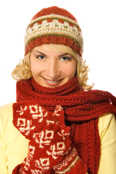 Mooi meisje in winter kleding geïsoleerd op witte achtergrond — Stockfoto
