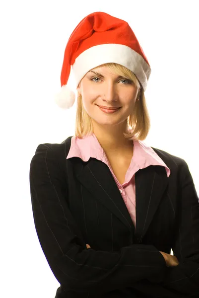 Νεαρή όμορφη επιχειρηματίας με χριστουγεννιάτικο καπέλο — Φωτογραφία Αρχείου