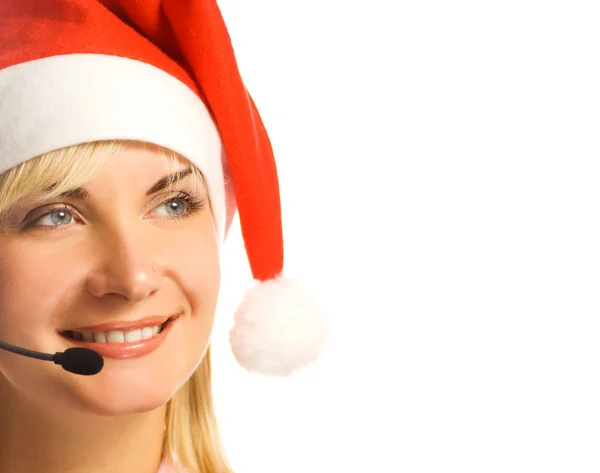 Pretty Phone Operator Santa Hat Isolated White — Stock Photo, Image