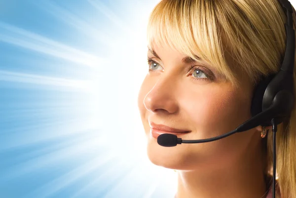 Freundlicher Hotline Betreiber Über Abstrakten Blauen Hintergrund — Stockfoto