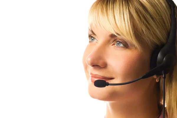 Freundlicher Hotline-Betreiber isoliert auf weißem Hintergrund — Stockfoto